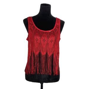 NWOT Tobi Crochet Fringe Festival Red Boho Sheer Cropped Tank Top Size M